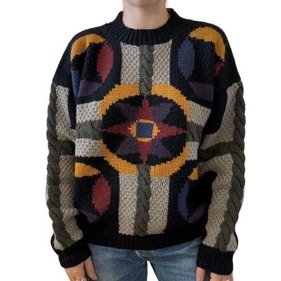 Vintage 1990s Hand Knit 100% Wool Geometric Oversized Chunky Crewneck Sweater - Picture 3 of 7